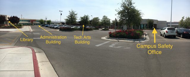 A view of the parking lot outside the Campus Safety Office